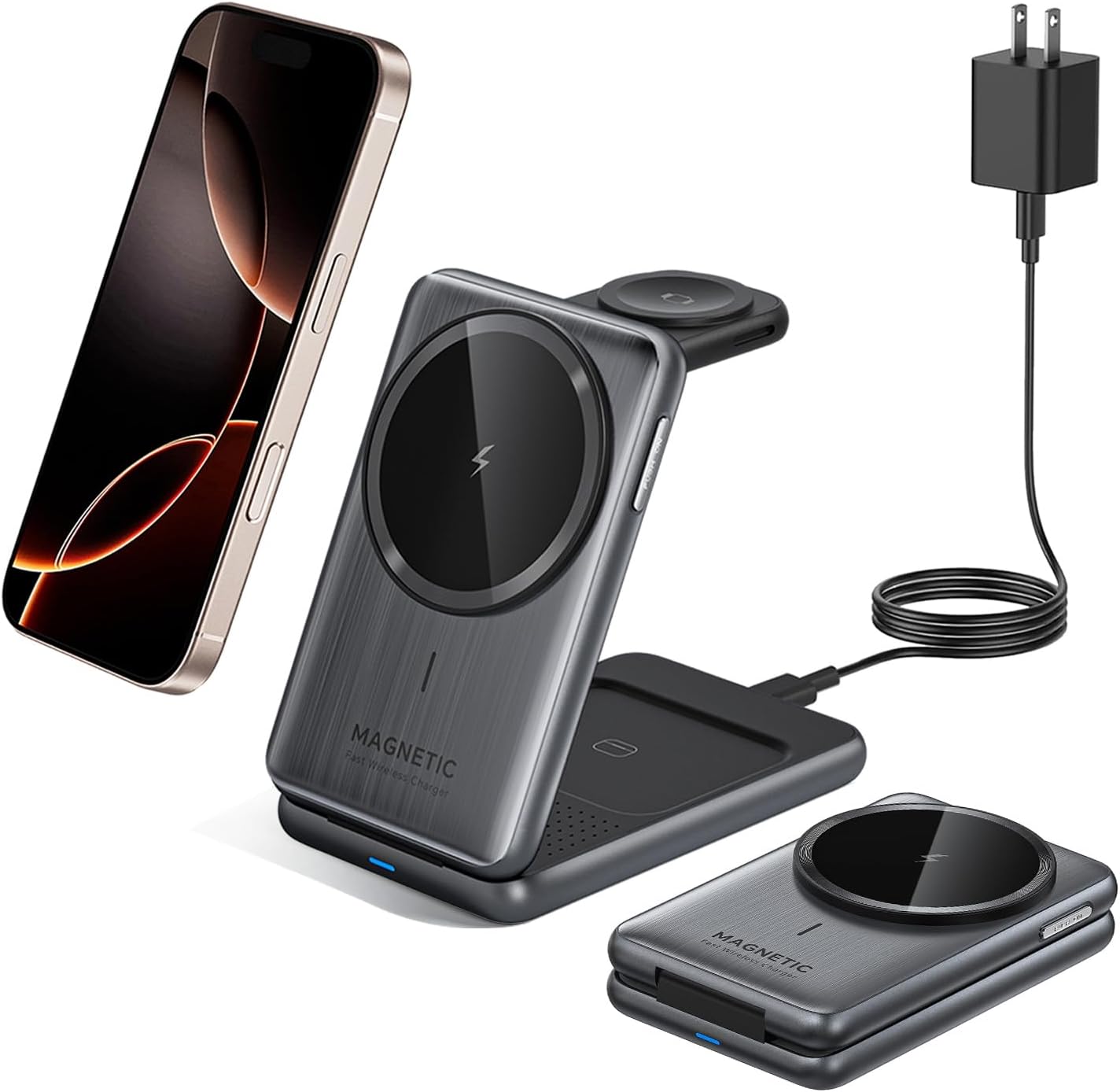 Foldable 3 in 1 Wireless Charger for iPhone,15W MagSafe Charger Stand for iPhone, Foldable Travel Wireless Charger Compatible with iPhone16-12, Apple Watch,Airpods Pro (Silver)