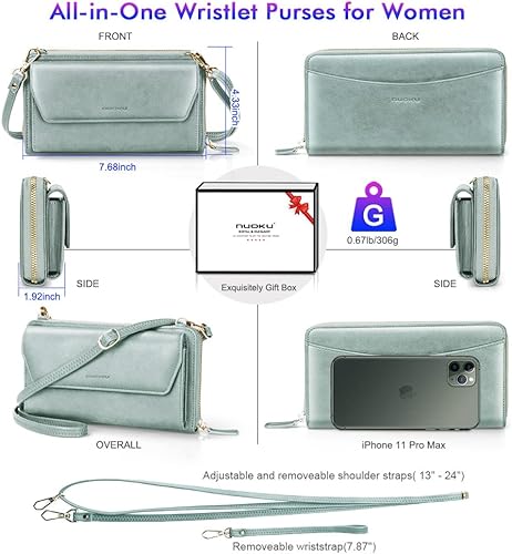 Vista 4 de nuoku Cartera RFID para mujer, bolso cruzado con cremallera alrededor de 2 correas