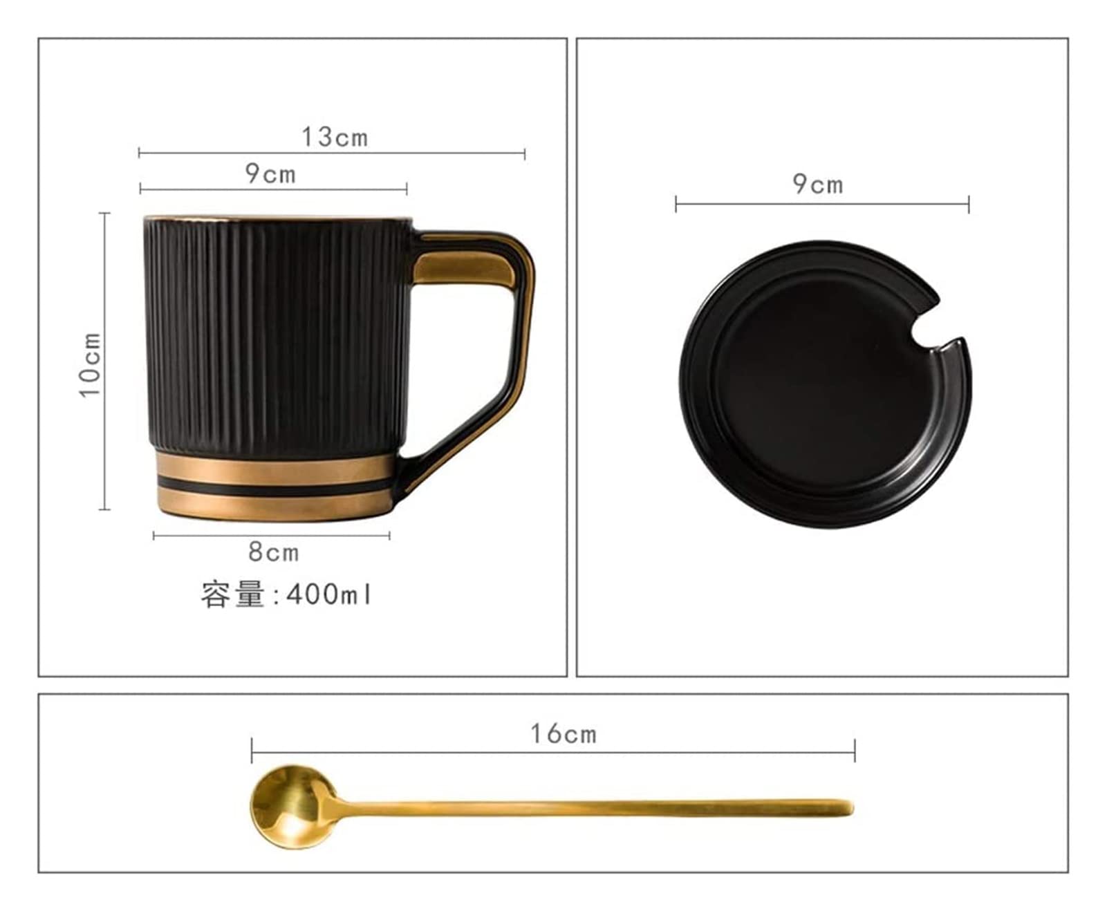 Taza de café de cerámica, taza de té para oficina y hogar, taza de café de cerámica con tapa y cucharadita dorada, decoración de borde dorado, taza de desayuno de gran capacidad, taza de té Wate