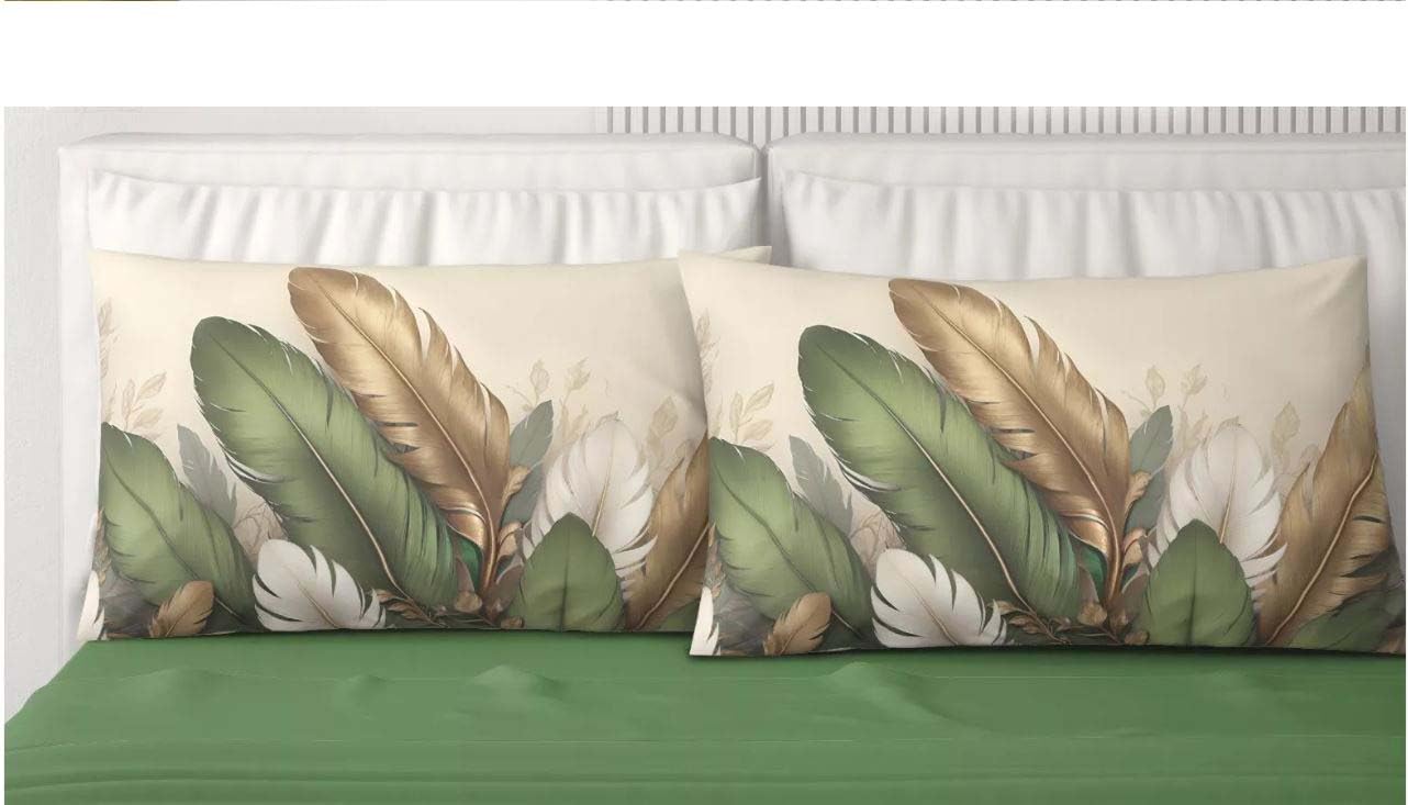 SaRani Set Lenzuola Cotone Letto Matrimoniale 4 Federe Chiusura Busta Fantasia Piume (Verde)