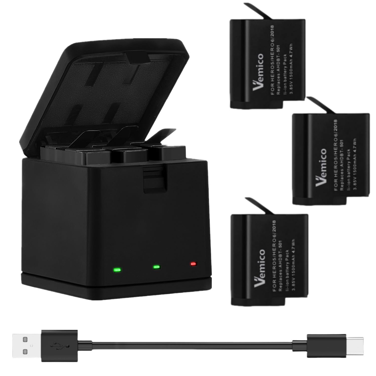 Battery Charger for GoPro Hero 5/6/7/2018 Black 3 Pack 1500mAh Batteries and LED USB-C 3 Slot Charger Compatible with Go Pro HERO7 Black, HERO6, HERO5, HERO2018 Camera