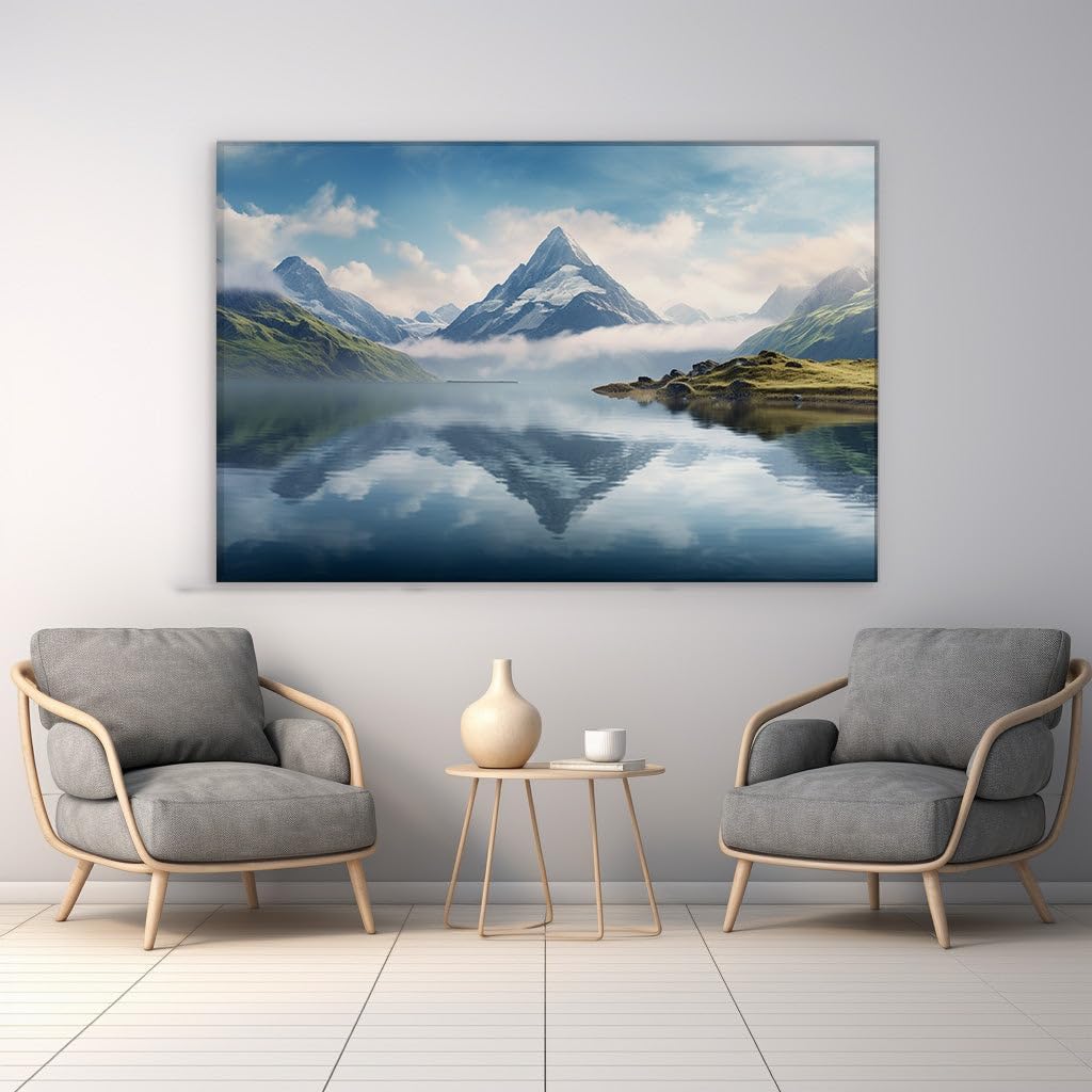 Canvas for Living room. Majestic Peaks and Serene Waters: A Snapshot of Tranquility, 27 x 18 inch Canvas Wall Art - Beach Sunsets And Sunrises - Modern Home Decor