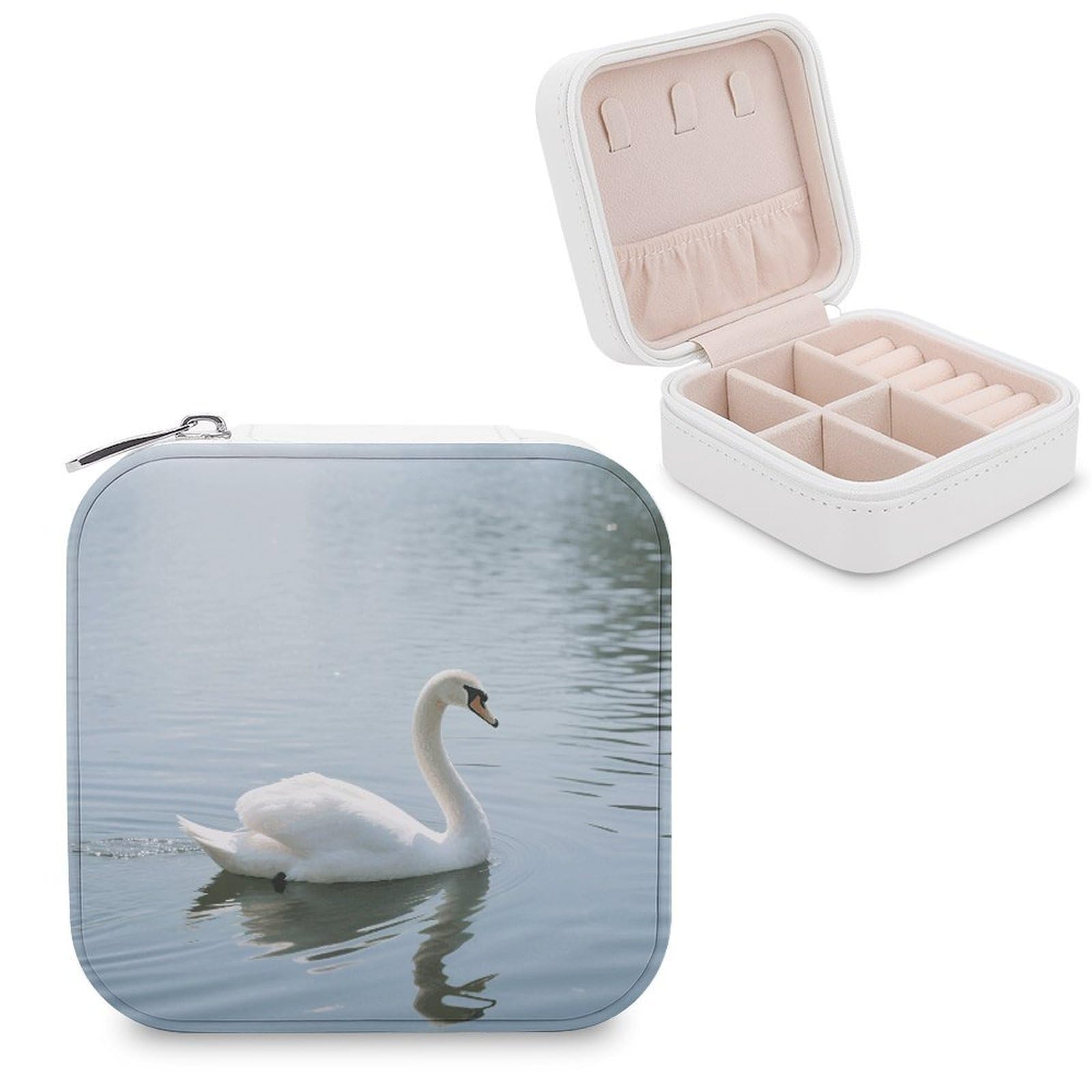 VstaDank White Swan Jewelry Box for Women Jewelry Organizer Storage Case with Zipper Mini Travel Jewelry Case Cute Trinket Organizer Leather Portable Jewelry Storage Box