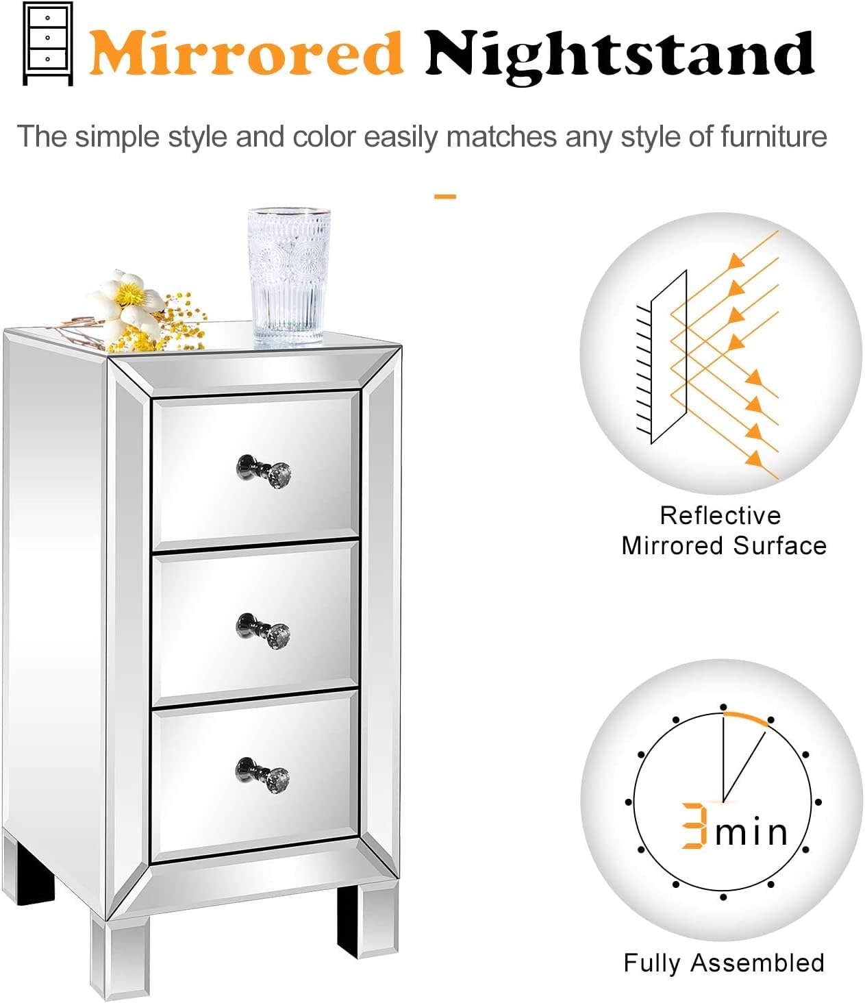 VINGLI Mirrored Nightstand with 3-Drawers Silver Side End Table Set of 2 Mirrored Furniture for Small Space, Bedroom, Living Room