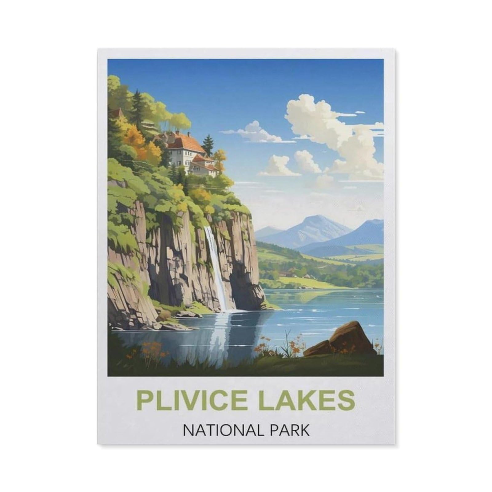BEAYODKP 5D DIY Diamond Painting Kit，Plitvice Lakes National Park Vintage Travel Poster，Crystal Mosaic Full Drill Round Diamond Painting Embroidery Accessories（30 x 40 cm/11.81 x 15.74 inches）-CC17