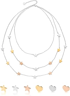 inSCINTILLE Damen Halskette Sterne & Herzen aus Edelstahl, Mehrreihige Kette 1/2/3 Lagen, Verstellbare Länge, Geschenkbox Inklusive