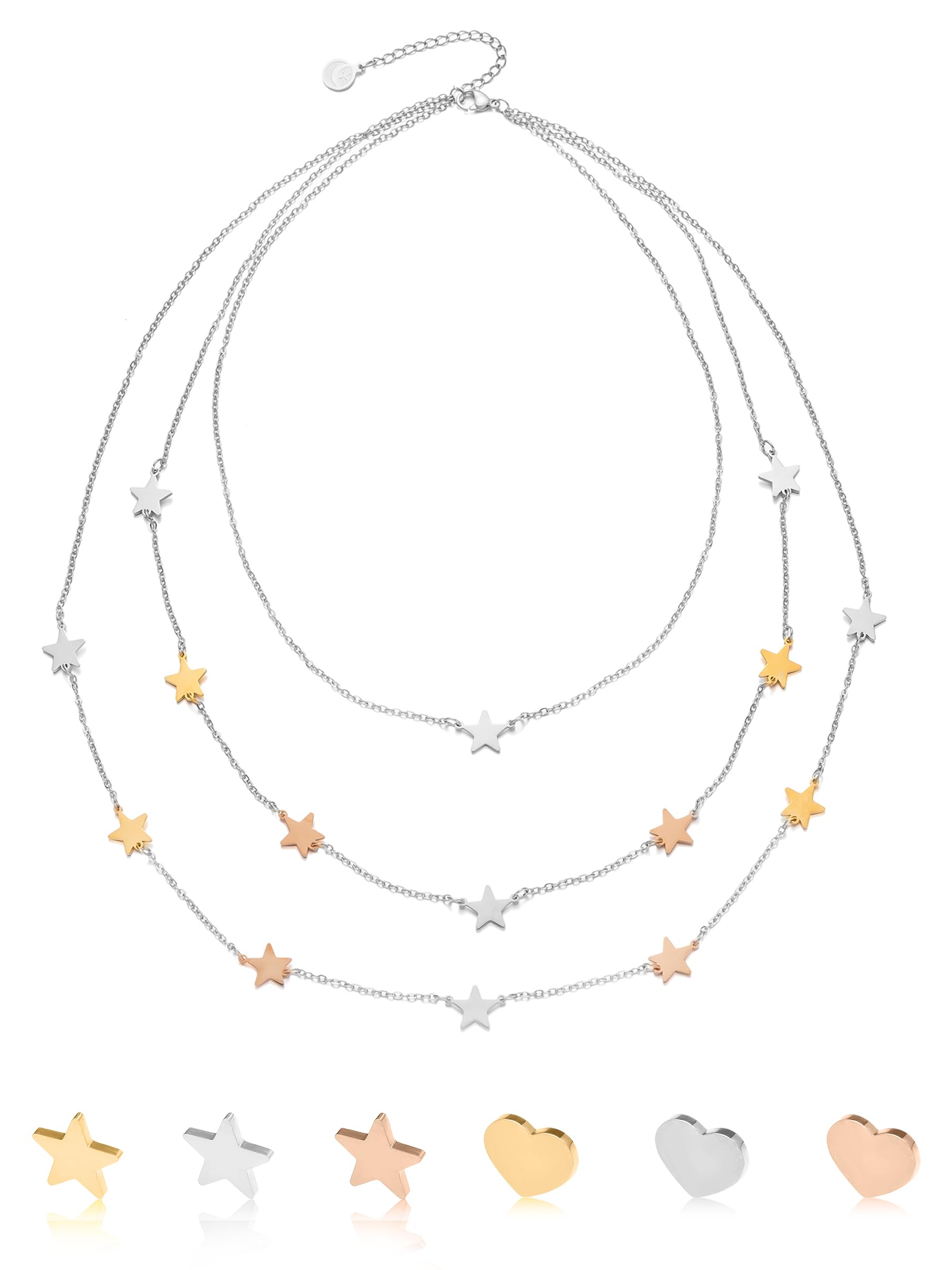 inSCINTILLE Collana Donna Stelle e Cuori in Acciaio Inossidabile, Collana Multicollana 1/2/3 Fili, Lunghezza Regolabile, Idea Regalo con Confezione