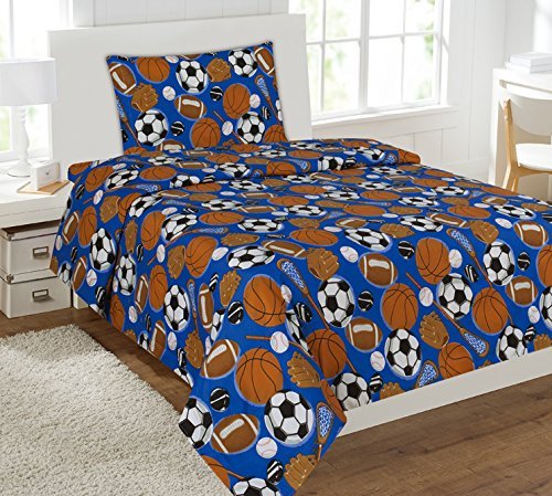 Mk Collection 3pc Twin Size Sheet Set Sports Dark Blue Baseball Basketball Football Soccer New