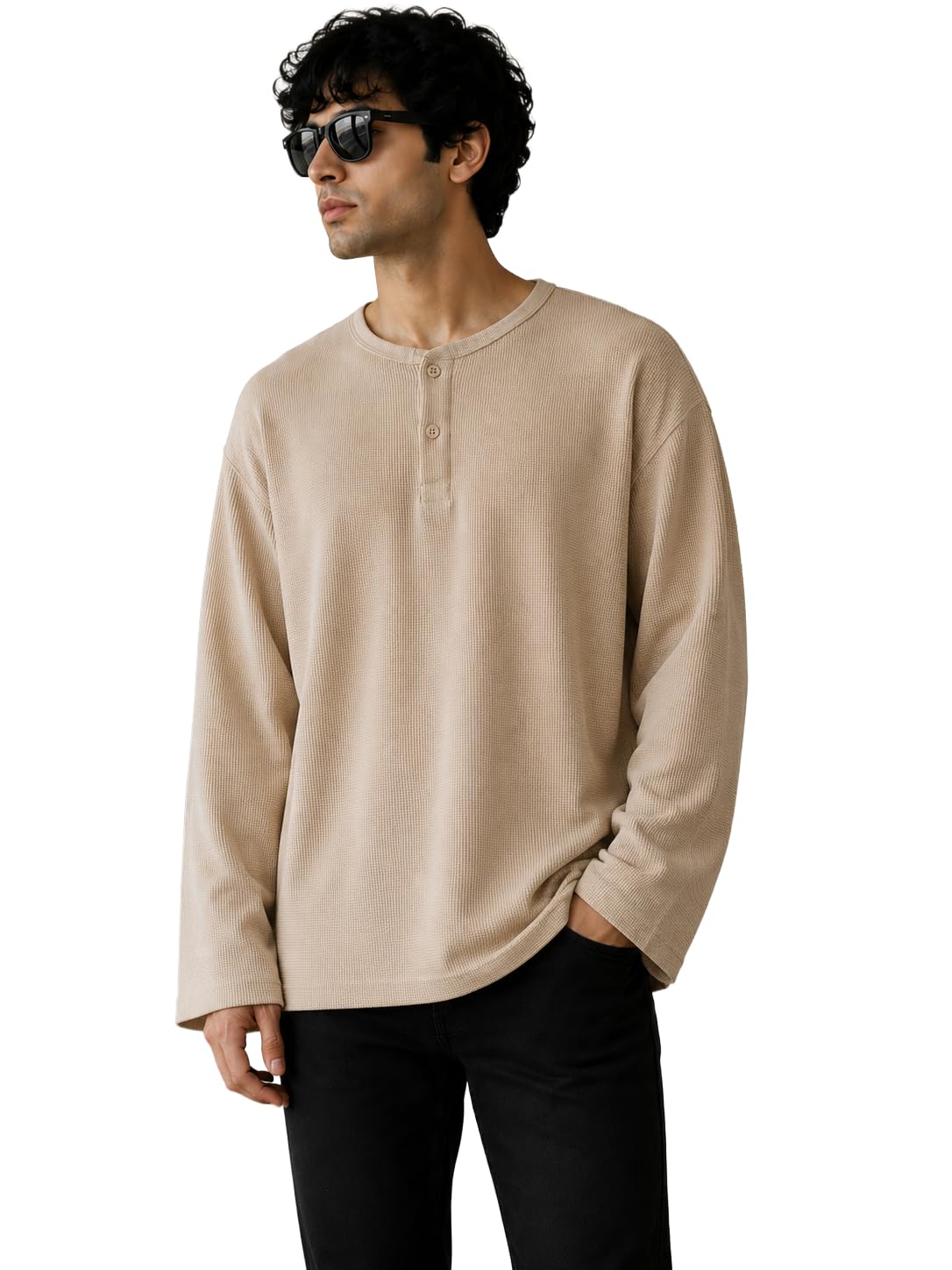 Oversized Waffle Knit Henley T-Shirt, Beige, Full Sleeve, Loose Fit