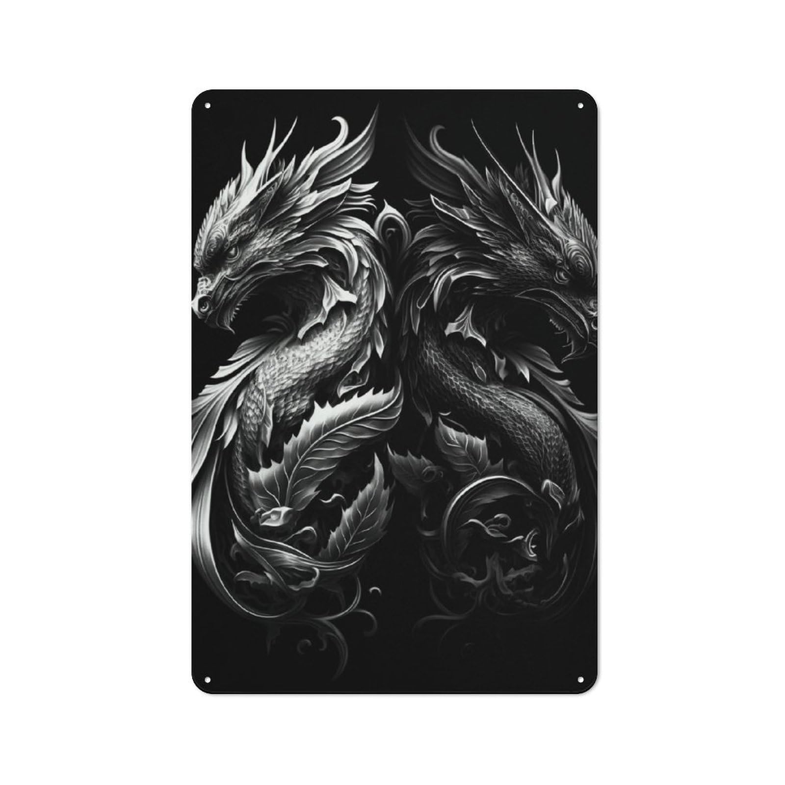 Junmoney Black White Dragon Metal Wall Decor Sign, Small Wall Accent For Seasonal Kitchen, Dining Room Or Entrance, 30X20cm
