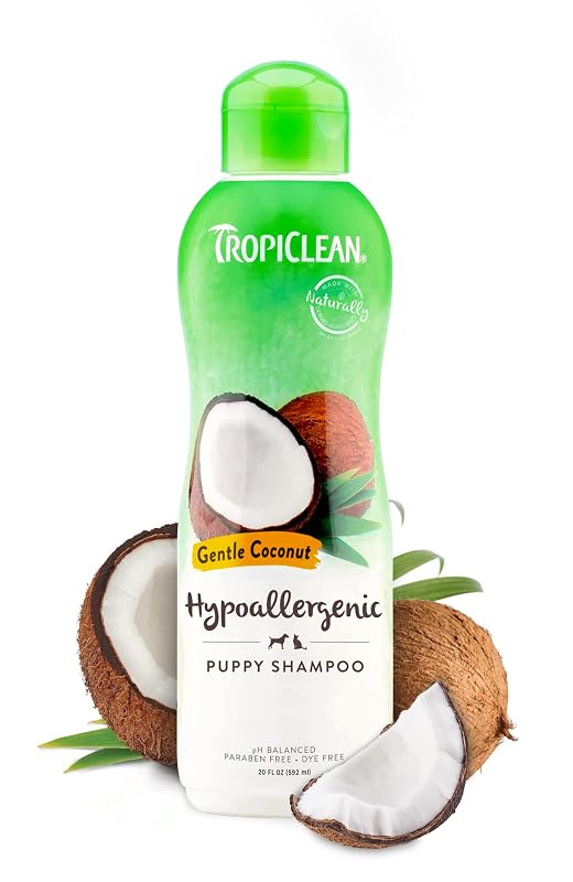 Shampoo suave para filhotes TropiClean, hipoalergênico com aroma de coco, aproximadamente 600 mL