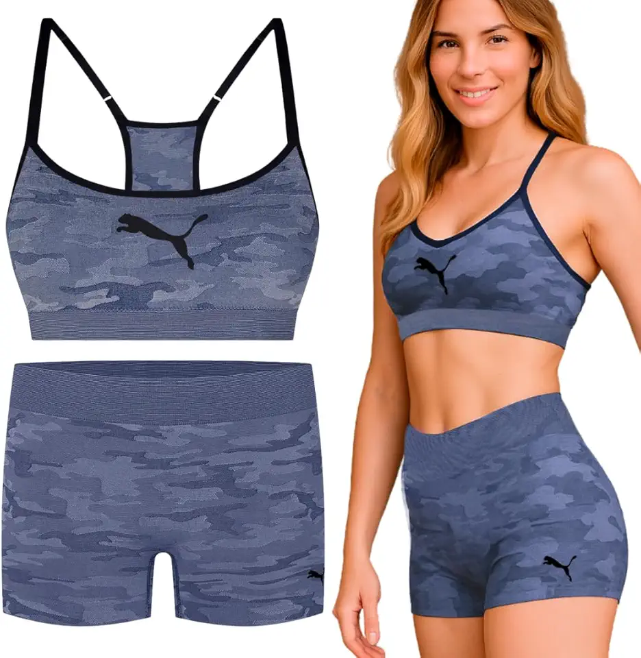 Conjunto Fitness Sem Costura Puma Top Com Bojo e Short Anatômico Academia Feminino Adulto