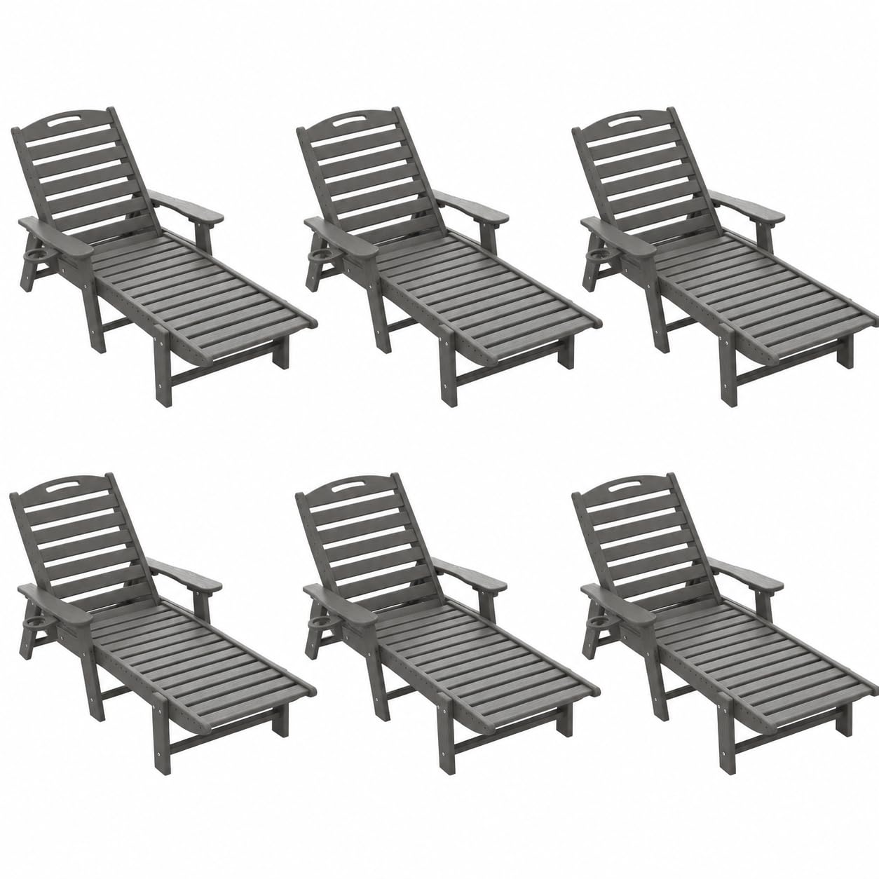 Chaise Lounge Outdoor Set of 6, Lounge Chair Outdoor with Wood Texture, Adjustable 5-Position Backrest, HDPE Lounge Chair with Wheels &amp; Cup Holder for Pool Deck Backyard, Dark Grey