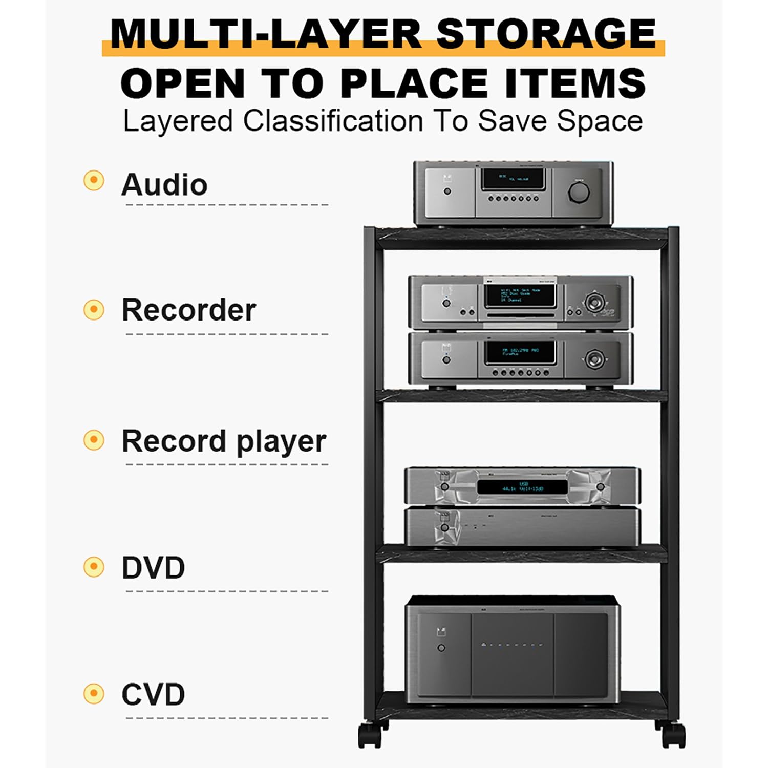 Meuble TV d'angle moderne – Support mobile réglable avec étagères de rangement – Mobilier AV sur pied pour salon, bureau et chambre à coucher (noir, 50 x 40 x 49 cm)