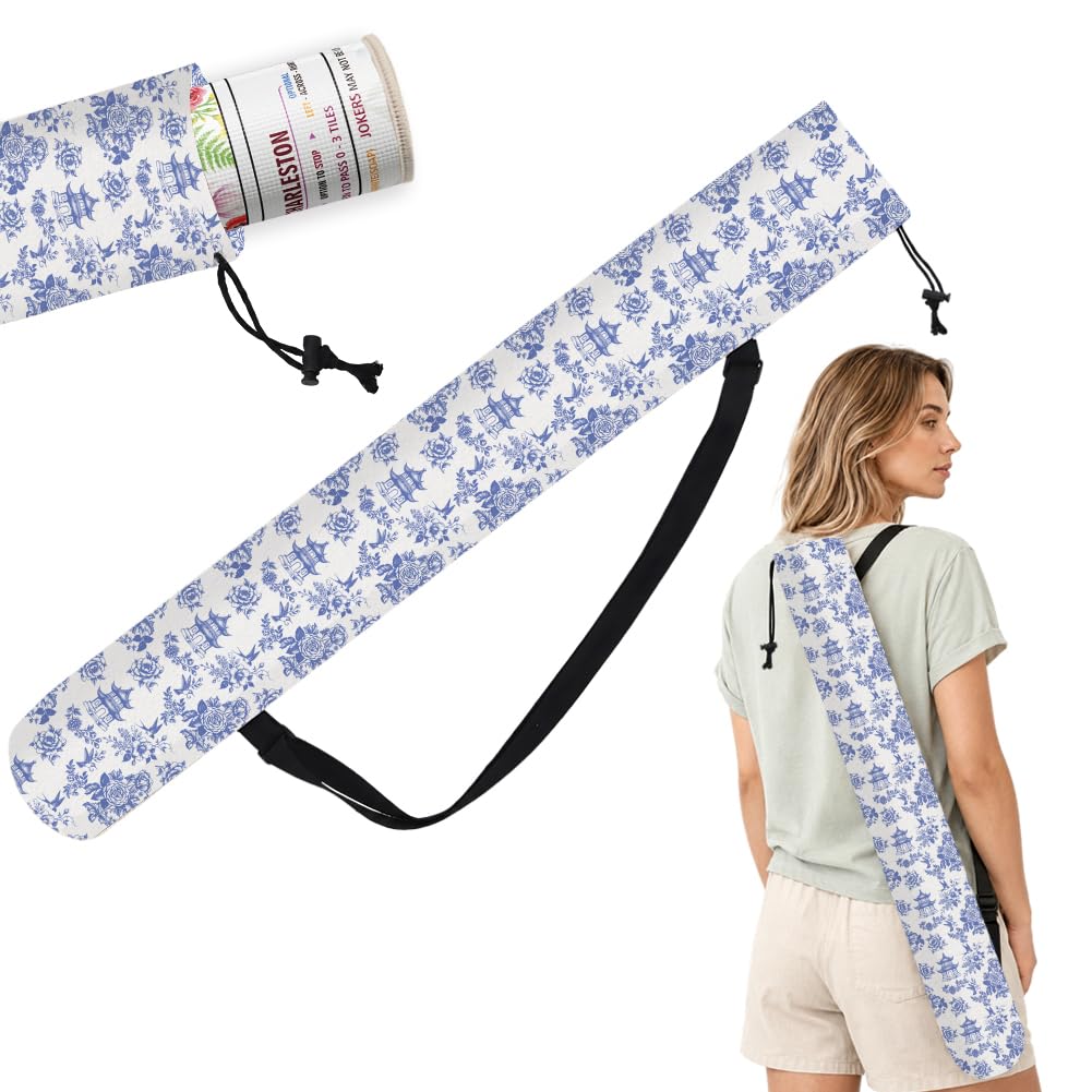 FINGERINSPIRE Mahjong Mat Holder Bag with Strap 91x15cm Canvas Yoga Mat Bag with Adjustable Strap Blue Bird Floral Branch Chinese Pavilion Print Drawstring Carrier Canvas Storage for Mahjong Yoga Mats
