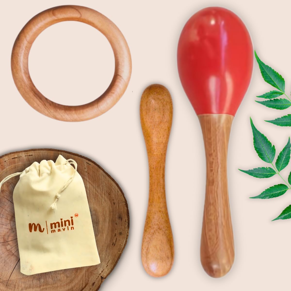 MINIMAVIN Natural and Chemical-Free Neem Wood Teethers | bpa Free Wooden teether for 6 to 12 Months Baby | Anti-Bacterial and Anti-Fungal ((Maracas+Ring+Dumbell)_Set of 3)-image-45