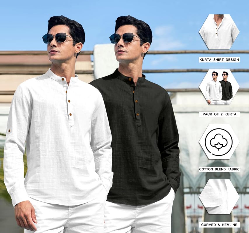 Image of ROYALSCOUT Combo of Men's Solid Cotton Blend Full Sleeve Straight Kurta Shirt (Pack of 2)
