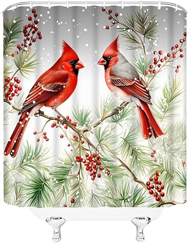 Miniatura 3 de Cortina de ducha con diseño de pájaros rojos de Navidad, diseño de pájaros, acuarela de Navidad, árbol de pino verde, ramas de árbol, bayas, copo de