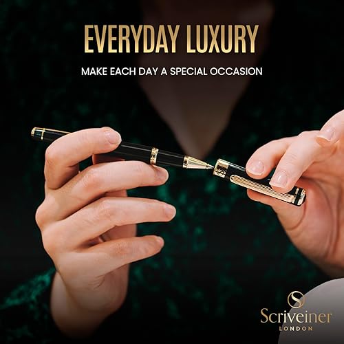 Miniatura 6 de Scriveiner Bolígrafo negro personalizado, impresionante bolígrafo de lujo, laca negra azabache y acabado de oro de 24 quilates, repuesto de tinta