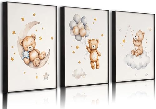 Miniatura 8 de 3 piezas de oso de peluche para cuarto de bebé, arte de pared con oso durmiendo en la luna y estrellas, decoración de pared con globos, nubes,