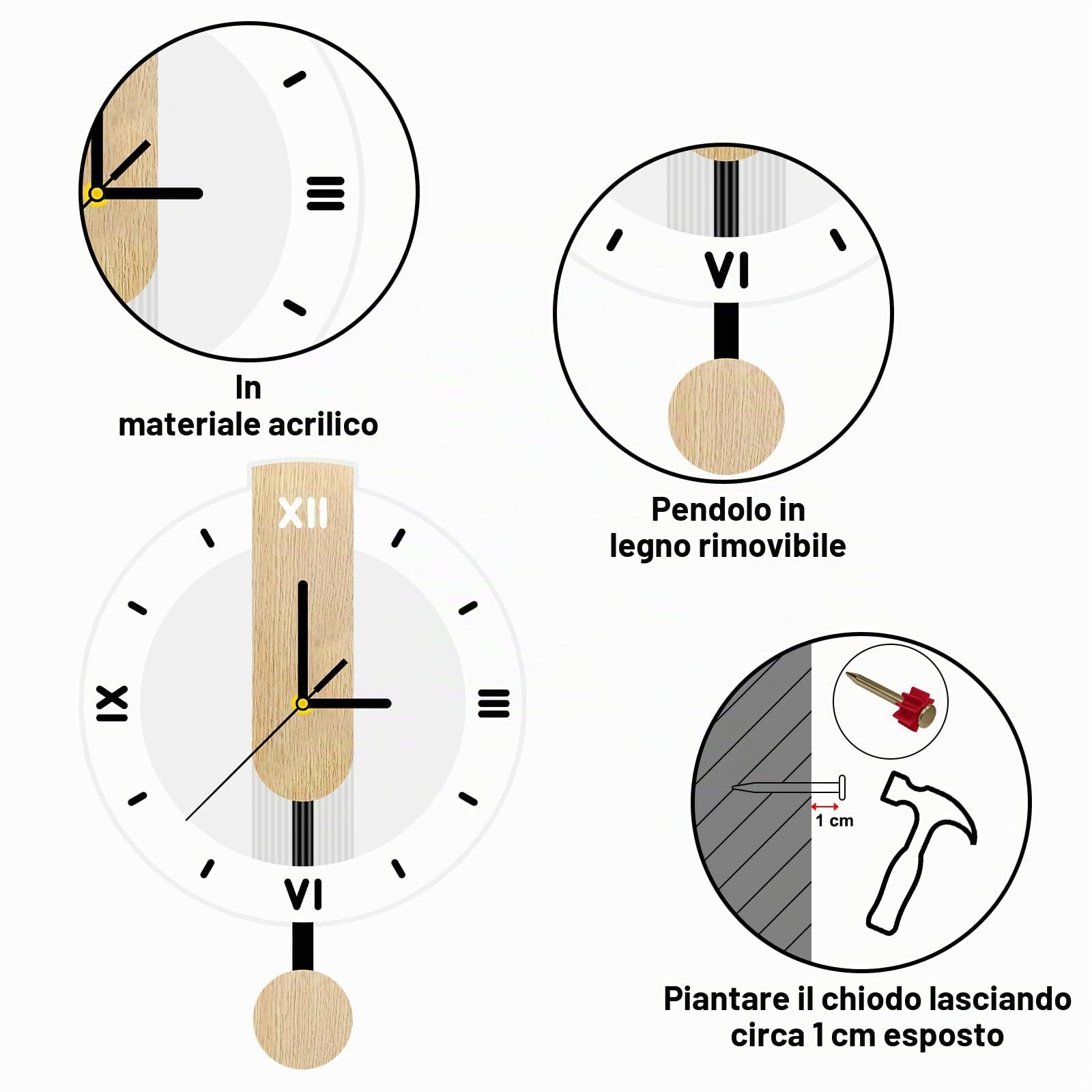 Orologio da Parete in acrilico e legno, Silenzioso, Senza Ticchettio, a Batteria, Numeri Romani Orologio Parete Moderno, per Soggiorno, Cucina, Bagno, Ufficio (28,5 * 39 cm)