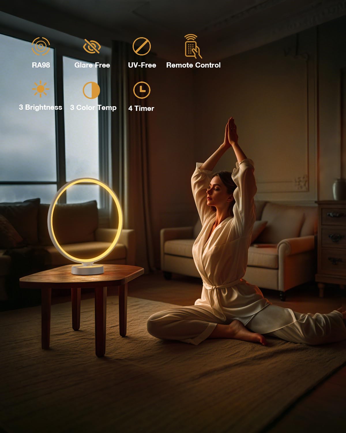 Lámpara solar de terapia de luz de 10000 lux, sin rayos UV con control remoto, 3 temperaturas de color, 4 niveles de brillo y temporizador, luz solar de temporada para el hogar, la oficina