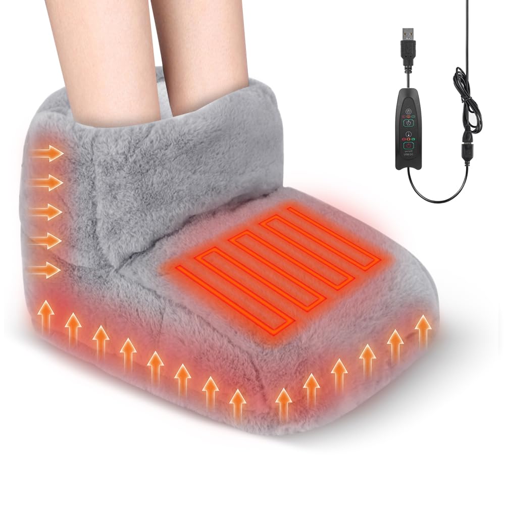 Chauffe-pieds Electrique, 5V Chauffe-pieds flanelle, USB Chauffe Pied, Chausson Chauffant, avec 3 Niveaux de Température & Minuterie, pour Adultes, Personnes Agées, Bureau(Gris)