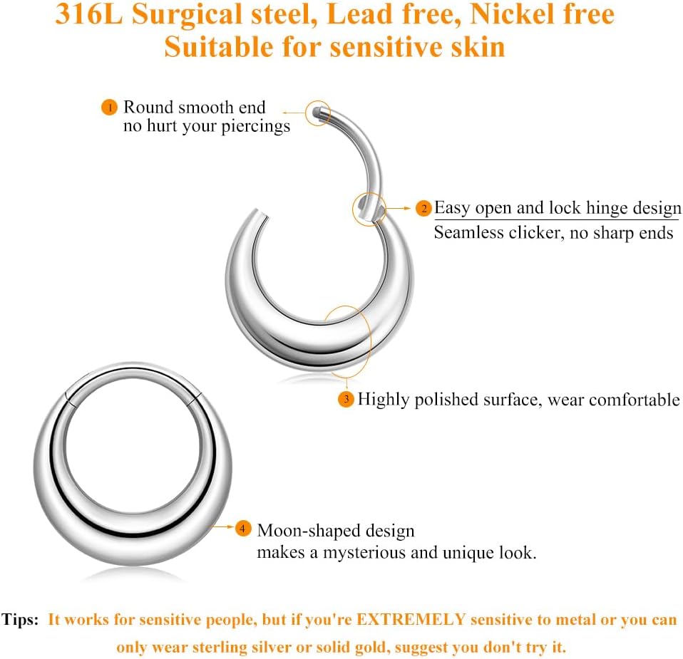 16G Septum Rings Daith Earrings 316L Surgical Steel Hinged Septum Jewelry with Clear Cubic Zirconia for Women Men, 8mm 10mm - Image 4