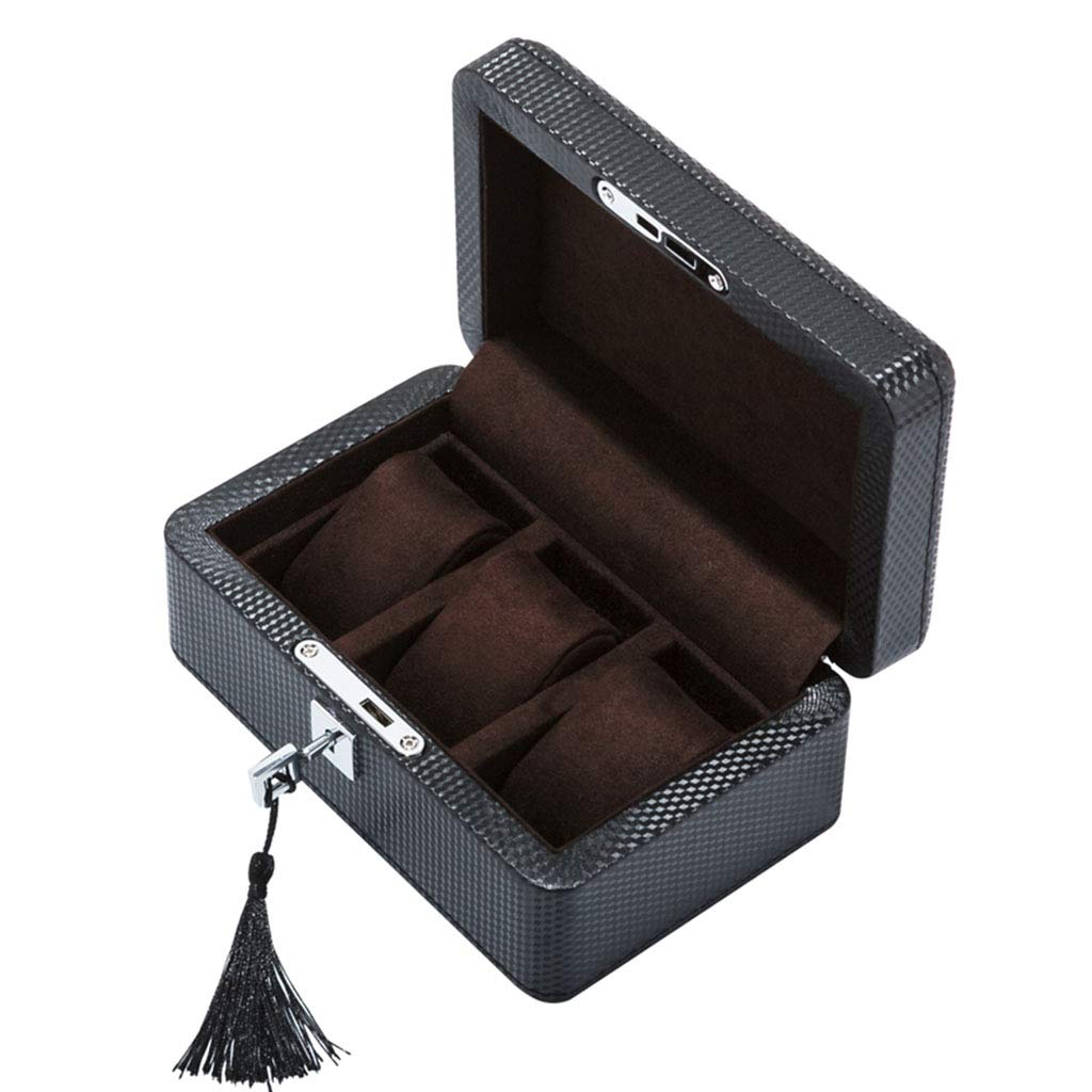 ANVLOJRIH 3 Watch Jewellery Display Storage Box Case Carbon Fiber Bracelet Tray with 3 Removal Storage Pillows and Lockable Metal Lock
