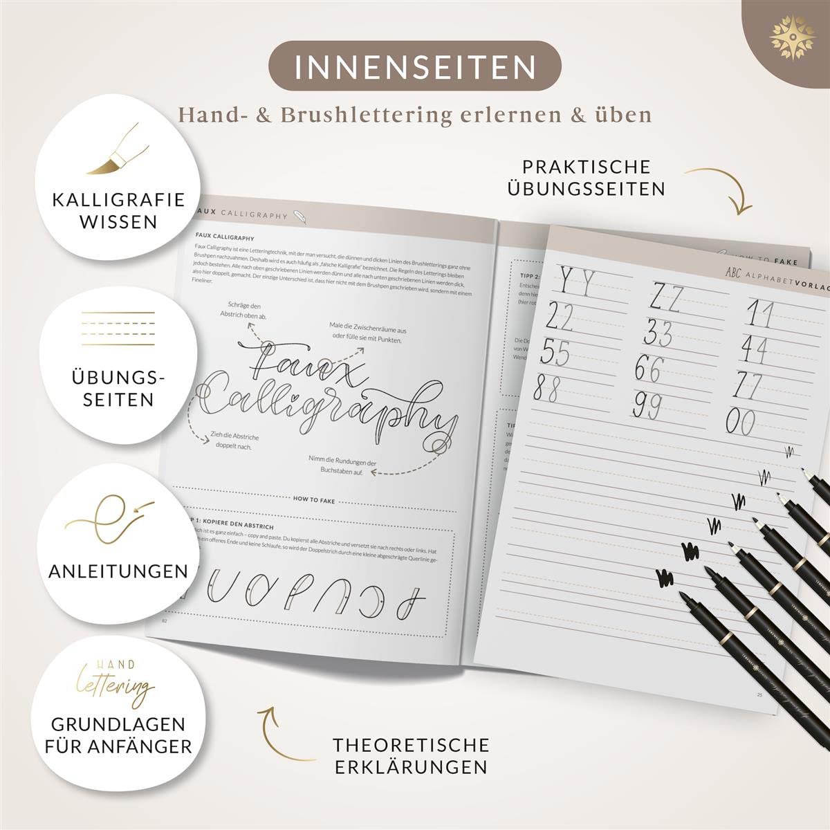 LEBENSKOMPASS Handlettering Starter Set mit Stiften und Buch für Anfänger ”Mindful Lettering” Kalligraphie und Hand Lettering lernen mit Übungsheft und Stiften