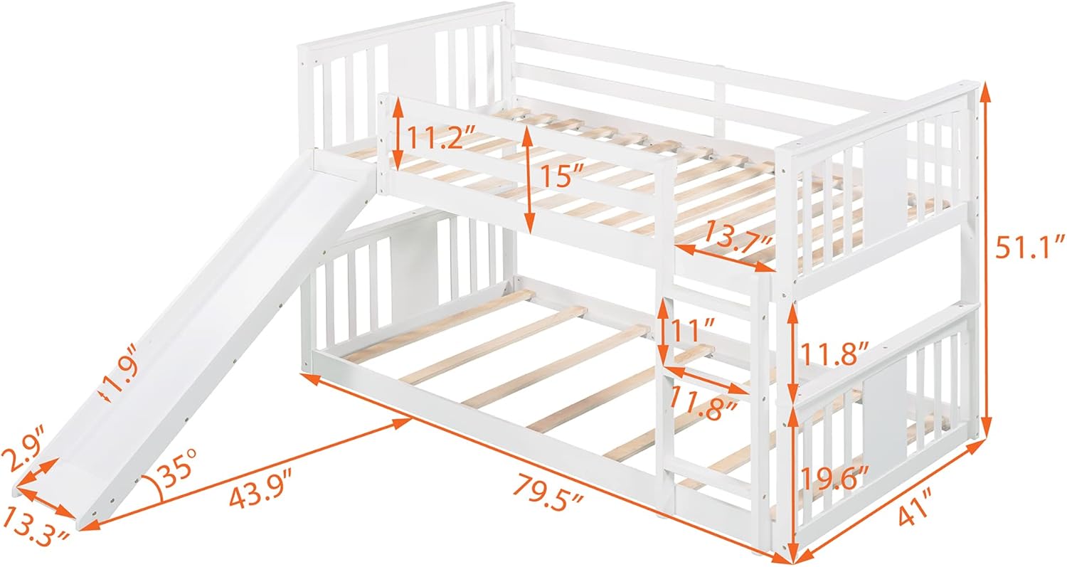 Harper & Bright Designs Low Bunk Bed with Slide, Solid Wood Twin Over Twin Floor Bunk Beds with Ladder and Guard Rail for Kids, Toddlers (New, White)