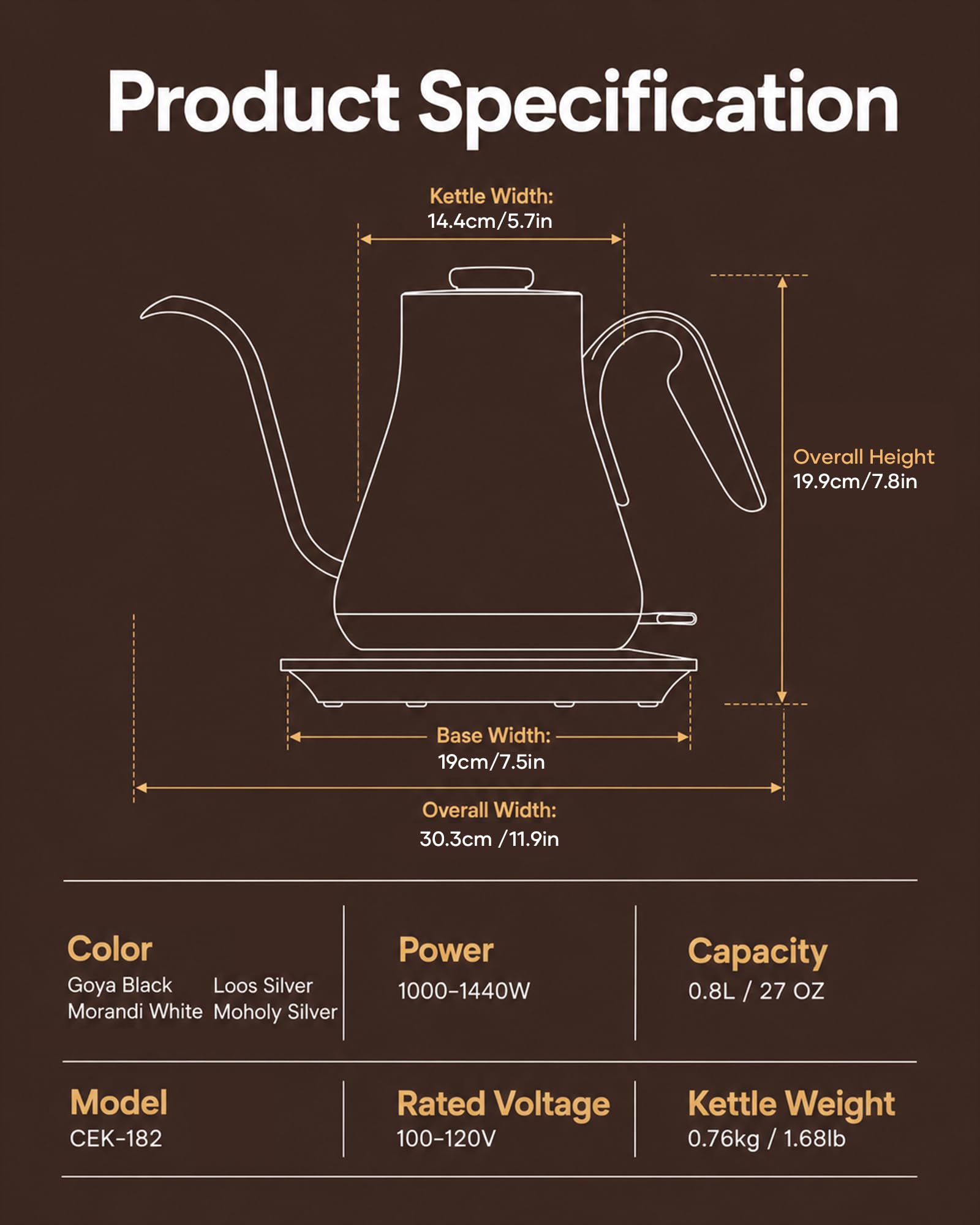 Cocinare Hervidor eléctrico de cuello de cisne de 0,8 l, 1440 W, boquilla de flujo de precisión de ebullición rápida para verter café y té, interior de acero inoxidable 304 sin BPA, apagado automático