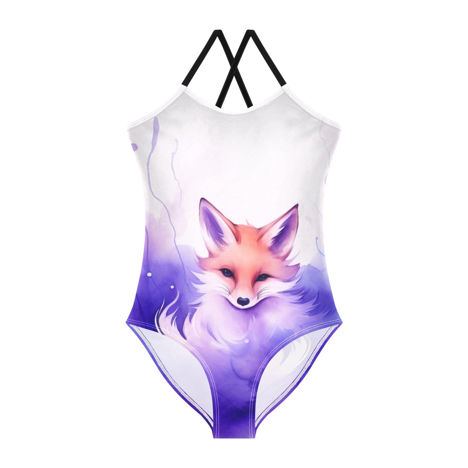 Girls One Piece Swimsuits, Purple Magic Fox Beach Bathing Suit Sport Halter Swimwear, 4T