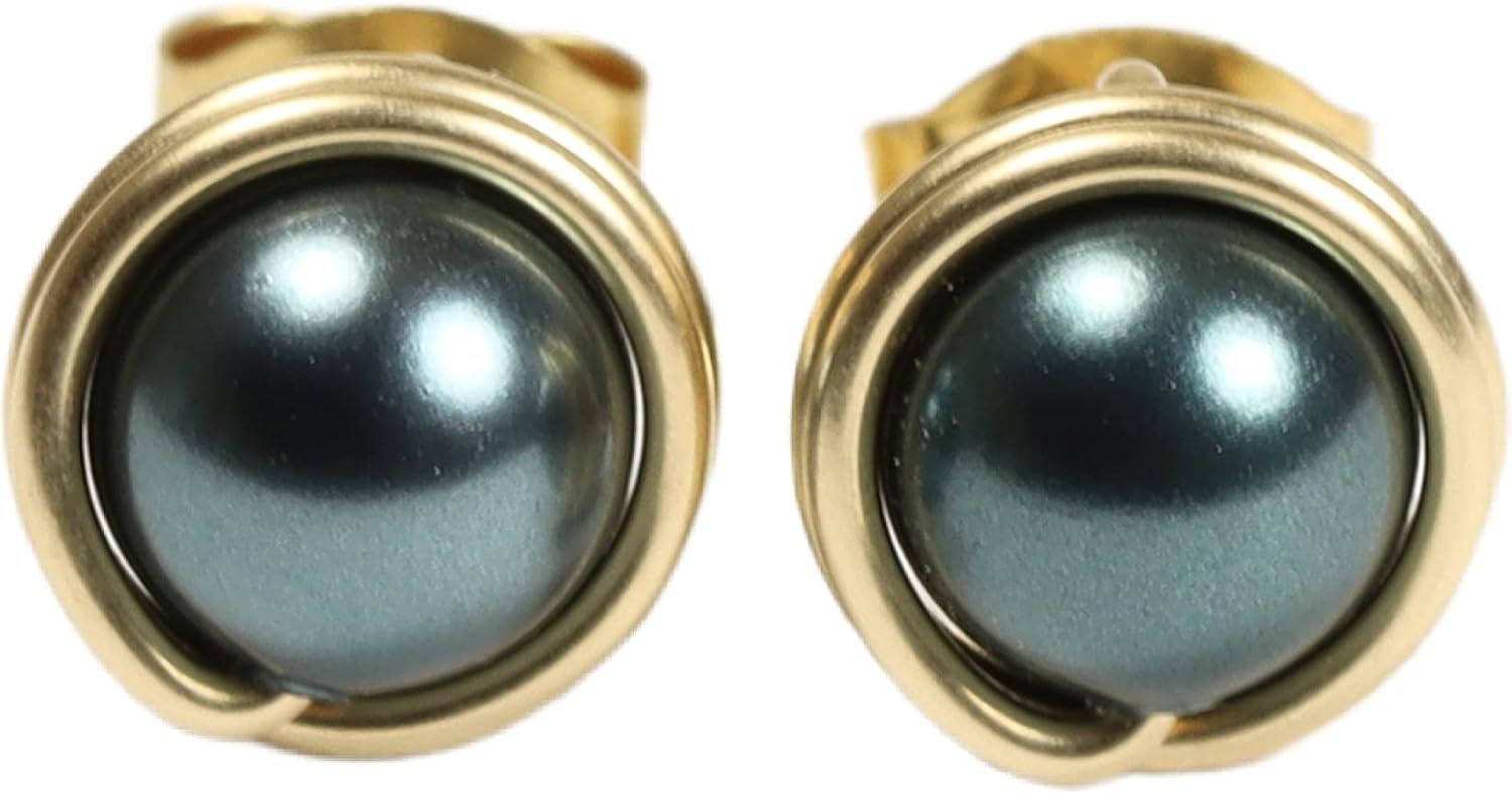 Jessica Luu Jewelry Gold Dark Tahitian Pearl Stud Earrings Handmade