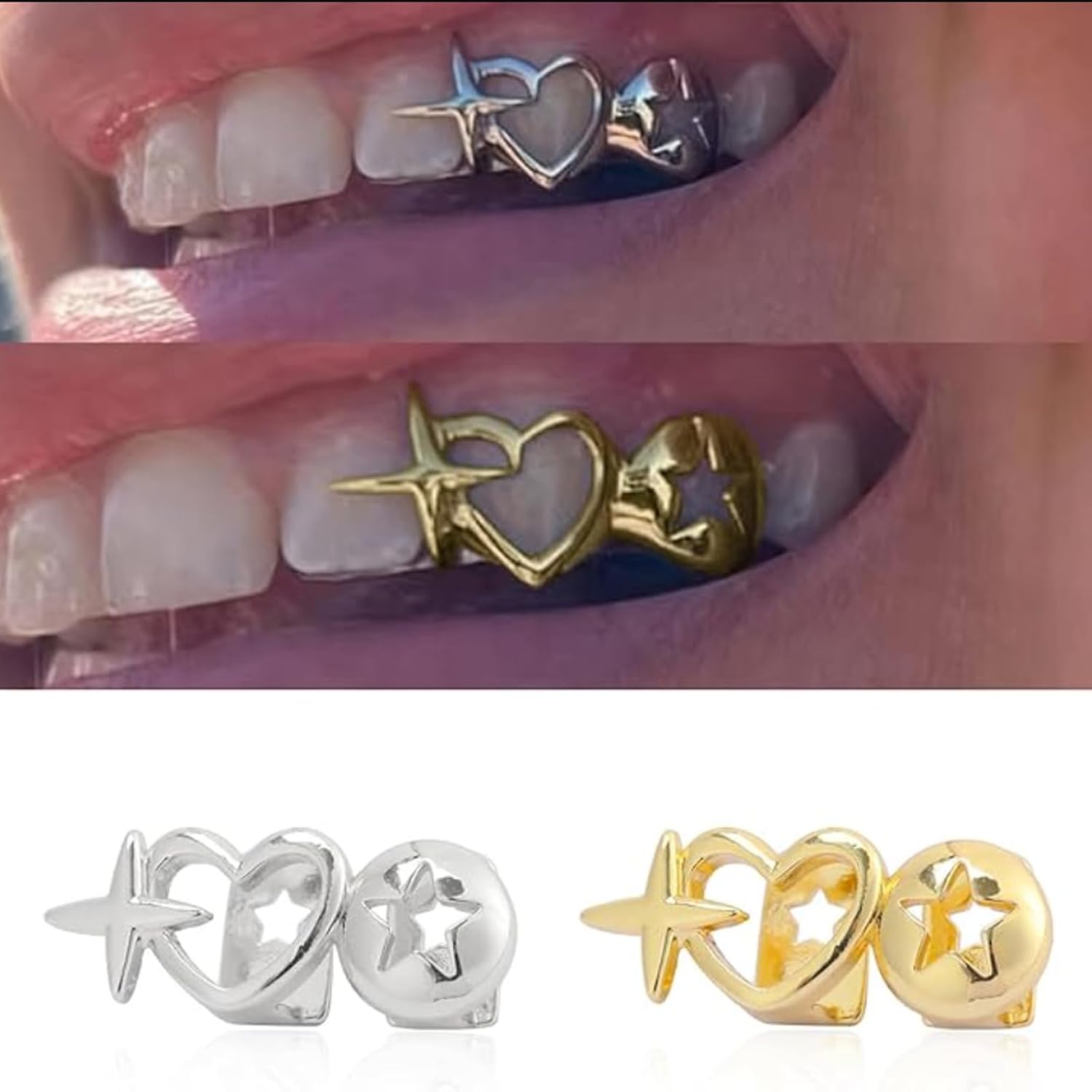 6 Pcs Hip Hop Grillz Set for Women, Open Face Teeth Jewelry with Gold & Silver Aesthetic, Adjustable Dental Caps, Perfect for Summer, Music Festivals, 4th of July, World Cup Parties, Costume Events