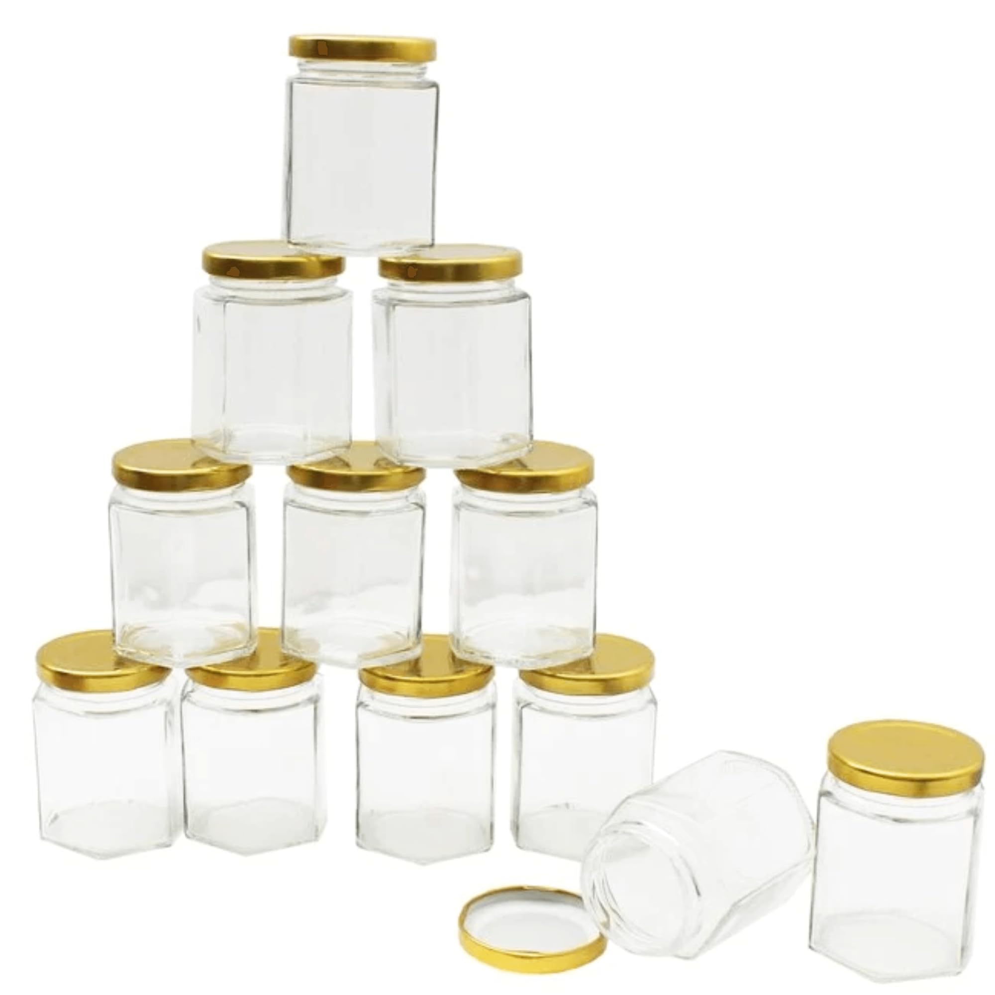 Jolafunbs Red 12X Glass Jam Jars With Lids - Wide Mouth 190Ml Glass Preserve Pots Hexagonal Storage, Screw Top Gingham Lid, Airtight Pickling Jars, Chutney, Kitchen Spice Jars With Lids And Labels