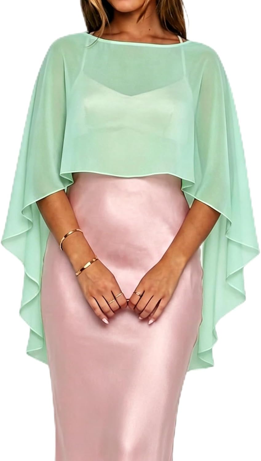 NVRENJIA Women Chiffon Sheer Cape Poncho Top Shawl Wraps for Evening Dress Capelets Beach Cover Up Wedding Party