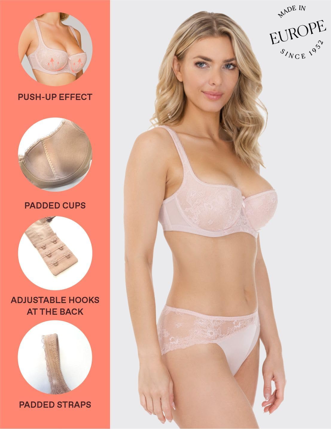 Rosme Women's Balconette Bra with Push Up Effect Plus Size Sexy Lace Demi Half Cup Bra Underwired Low Cut Mesh Bras Eliza - Image 6