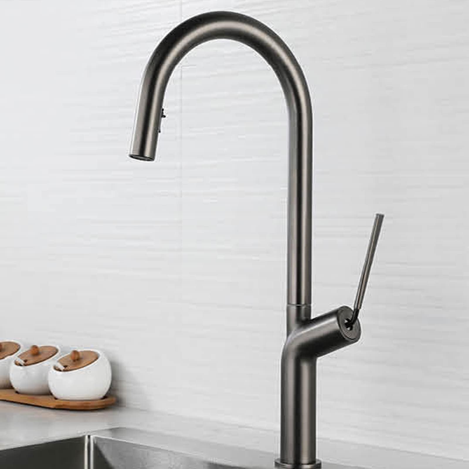 Robinet de cuisine extensible en acier inoxydable brossé mitigeur évier à arc haut