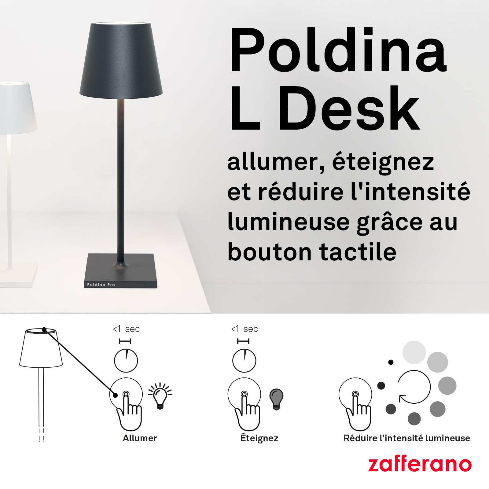 Zafferano, Lampe Poldina L Desk, Lampe de Table Portable et Rechargeable avec Contrôle Tactile, Convient pour le Salon et l'Extérieur, Dimmer 2200-3000 K, Hauteur 49,7 cm, Couleur Gris Foncé