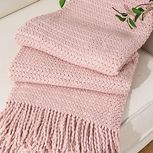 BATTILO HOME Pink Knitted Throw Blanket Textured Solid Sofa Couch...