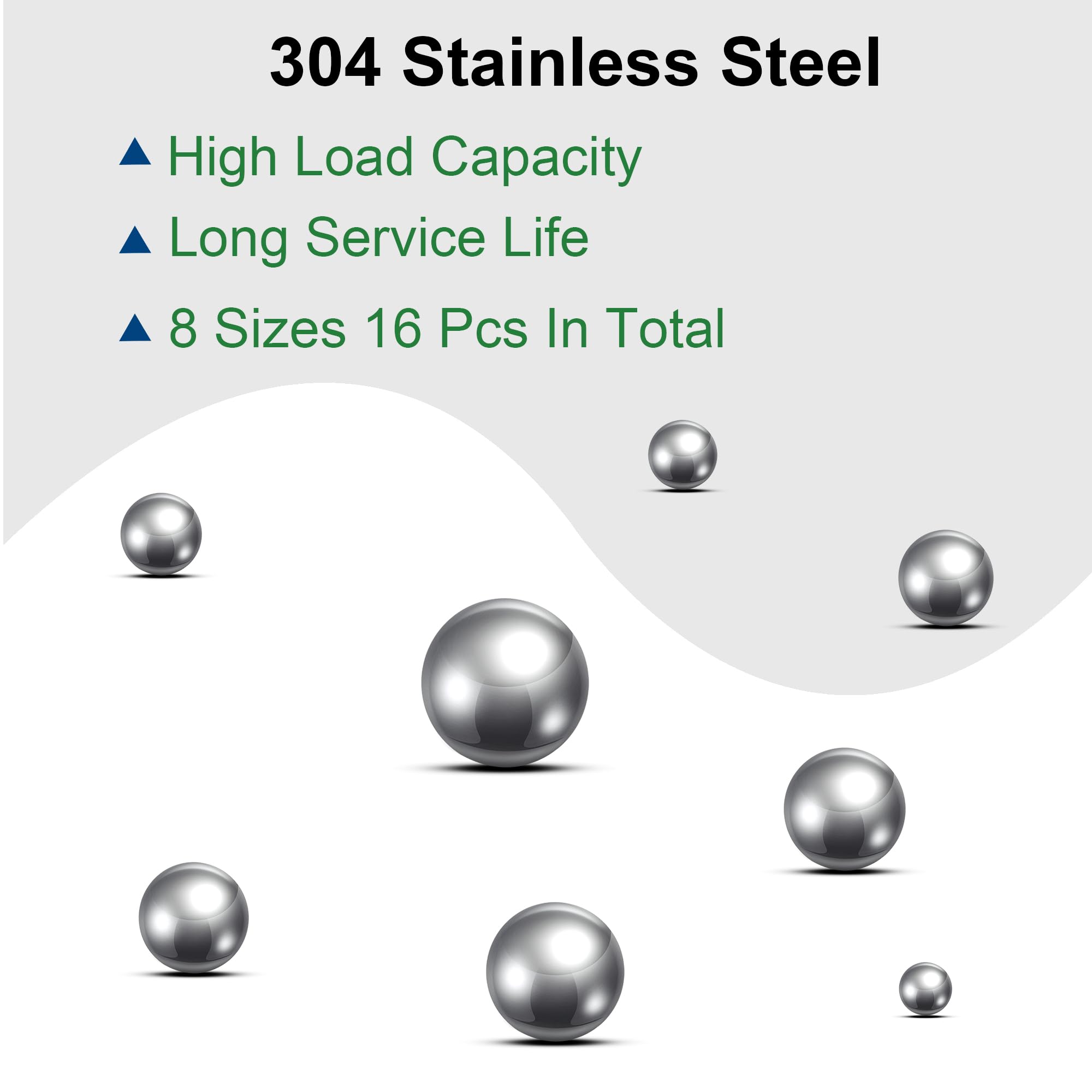 Assortiment de 16 billes de roulement de 8 tailles en acier inoxydable 304 3/8" 7/16" 1/2" 9/16" 5/8" 3/4" 7/8" 2,5 cm avec boîte de rangement