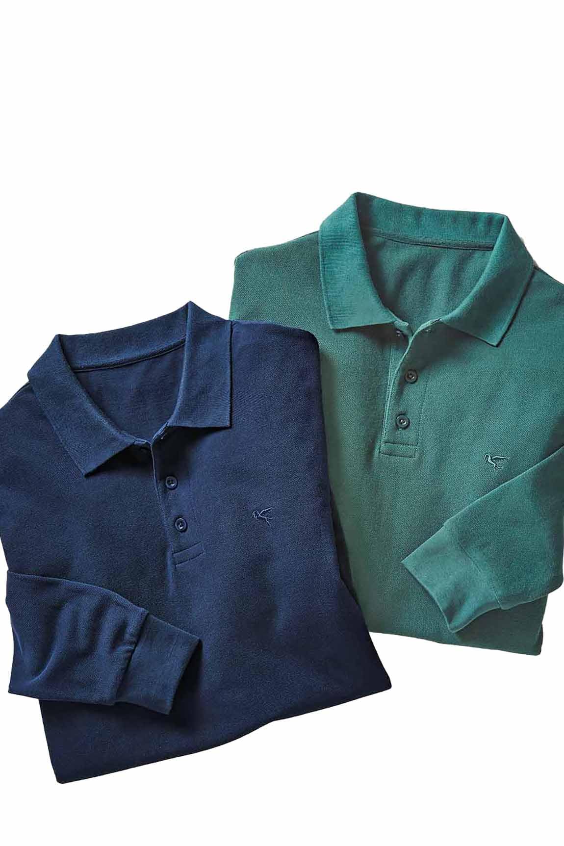 Pegasus Men's 2 Pack Long Sleeve Polo Shirt 260GSM Heavyweight Pique Flat Knit Collar, Ribbed Cuffs & Chest Embroidery Navy XXL