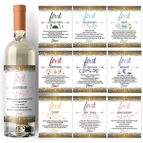 SUPERDANT 18PCS Wedding First Anniversary Wine Labels for Bottles 2 Sets 9 Styles Marriage Milestones Wine Bottle Decoration for Anniversary Wedding Champagne Bottle Cover DIY Gift