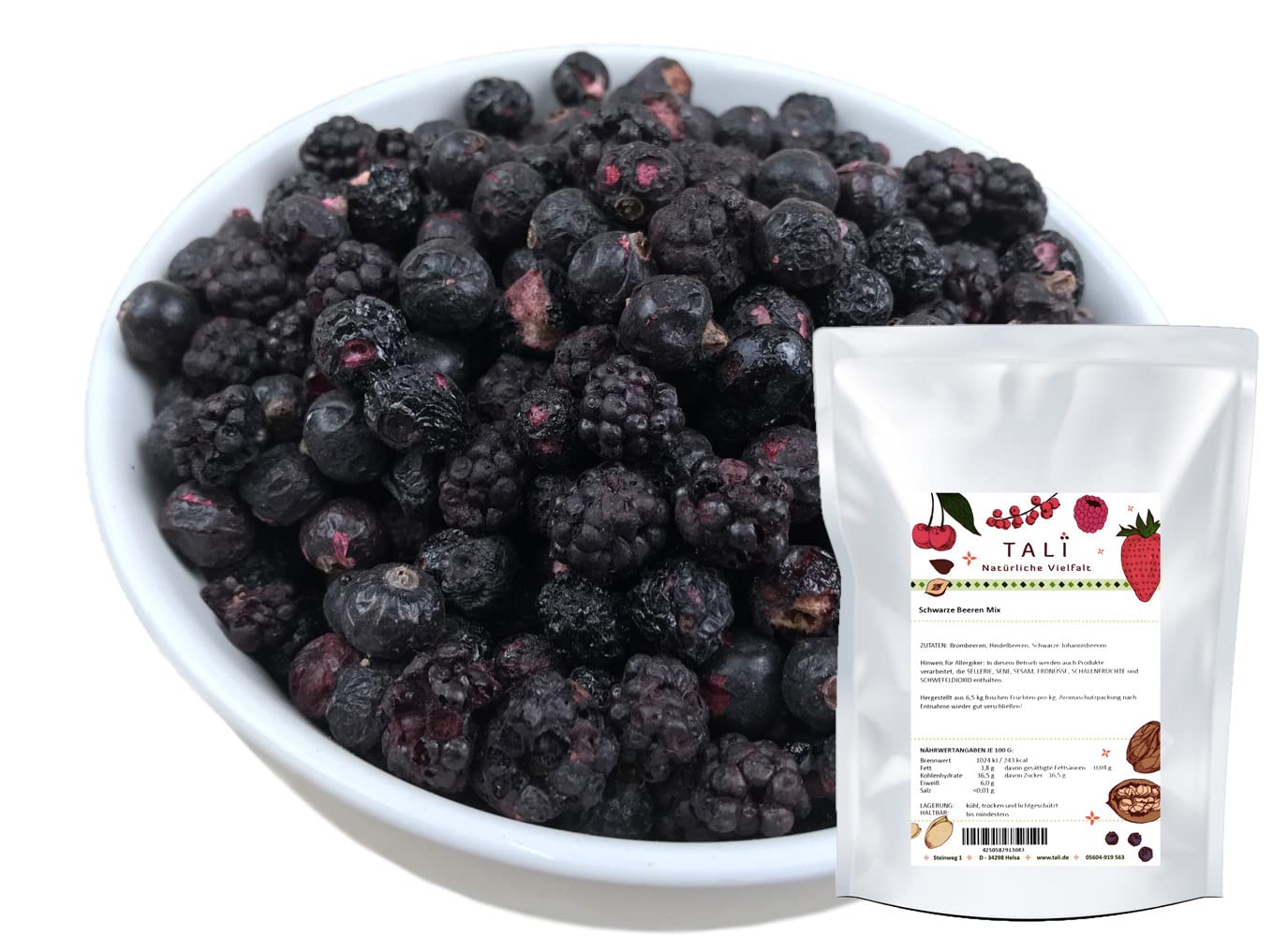 TALI Schwarze Beeren Mix 1000 g | Gefriergetrocknete Brombeeren, Heidelbeeren, Schwarze Johannisbeeren