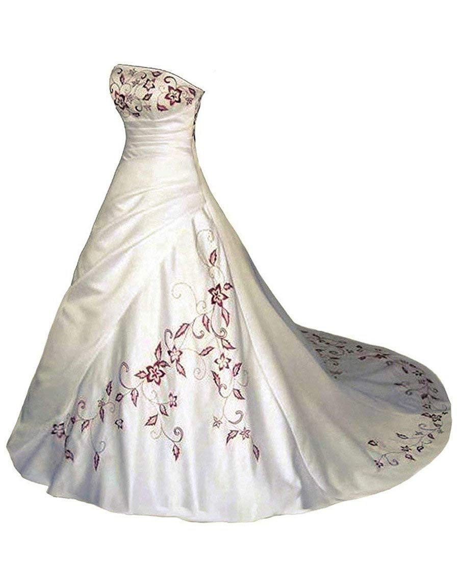 Vestido de Novia de Satén Bordado Rojo sin Tirantes, Blanco, 40