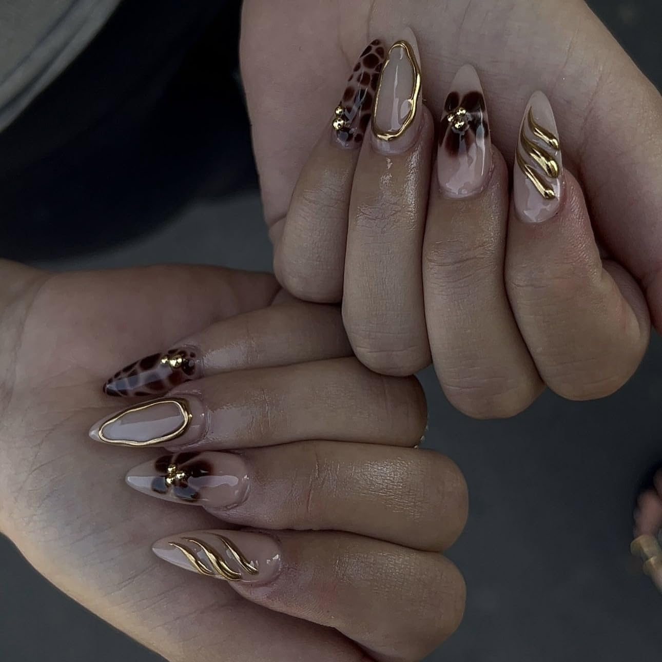 LPOODDNU Almond Press on Nails - Dark Green Medium Fake Nails with Leaf Designs, Glossy Finished Reusable False Nails with Double Adhesive Glue Tabs - 24Pcs Nail Kit for Women Manicure: brown leopard flower