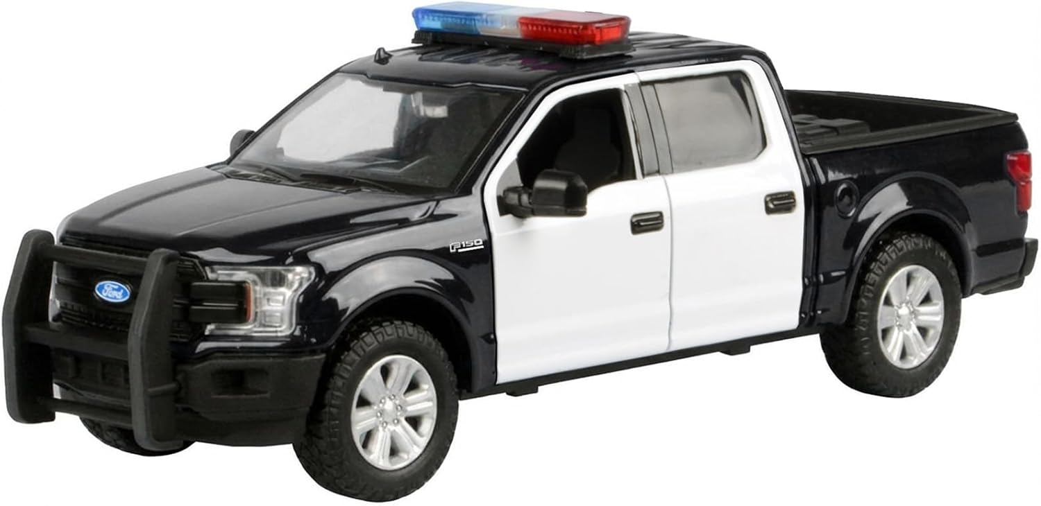Motormax 2019 F 150 Lariat Crew Cab Pickup Truck Black and White with Flashing Light Bar and Front and Rear Lights and Sounds 1/27 Diecast Model Car 79542BKW