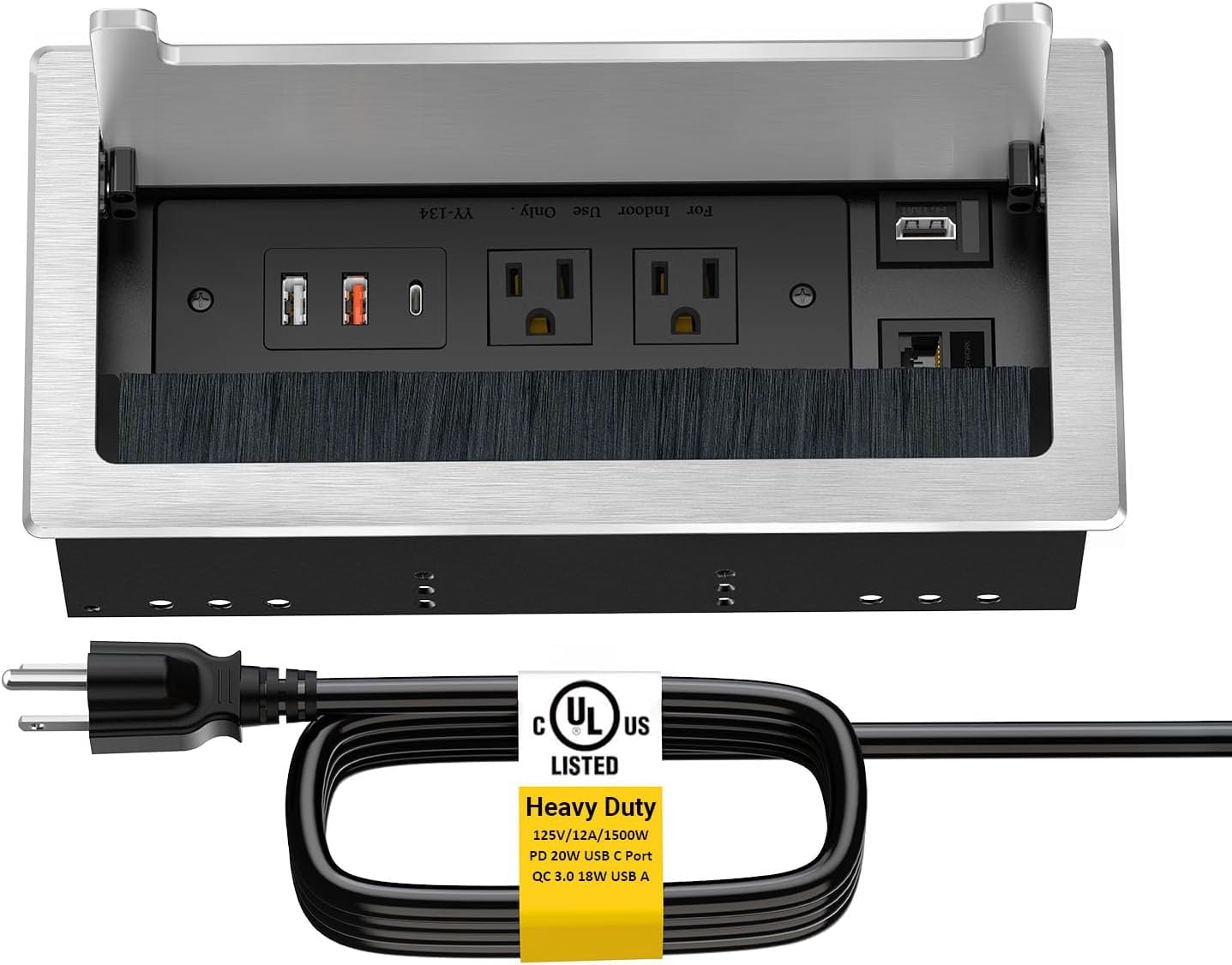 10FT Conference Table Power Hub, Outlet Multimedia Connectivity Box with 1 HDMI + 1 RJ45 + 20W USB C + 2 USB A + 2 AC Outlets, Heavy Duty Metal Table Top Box for Countertop Office UL Listed