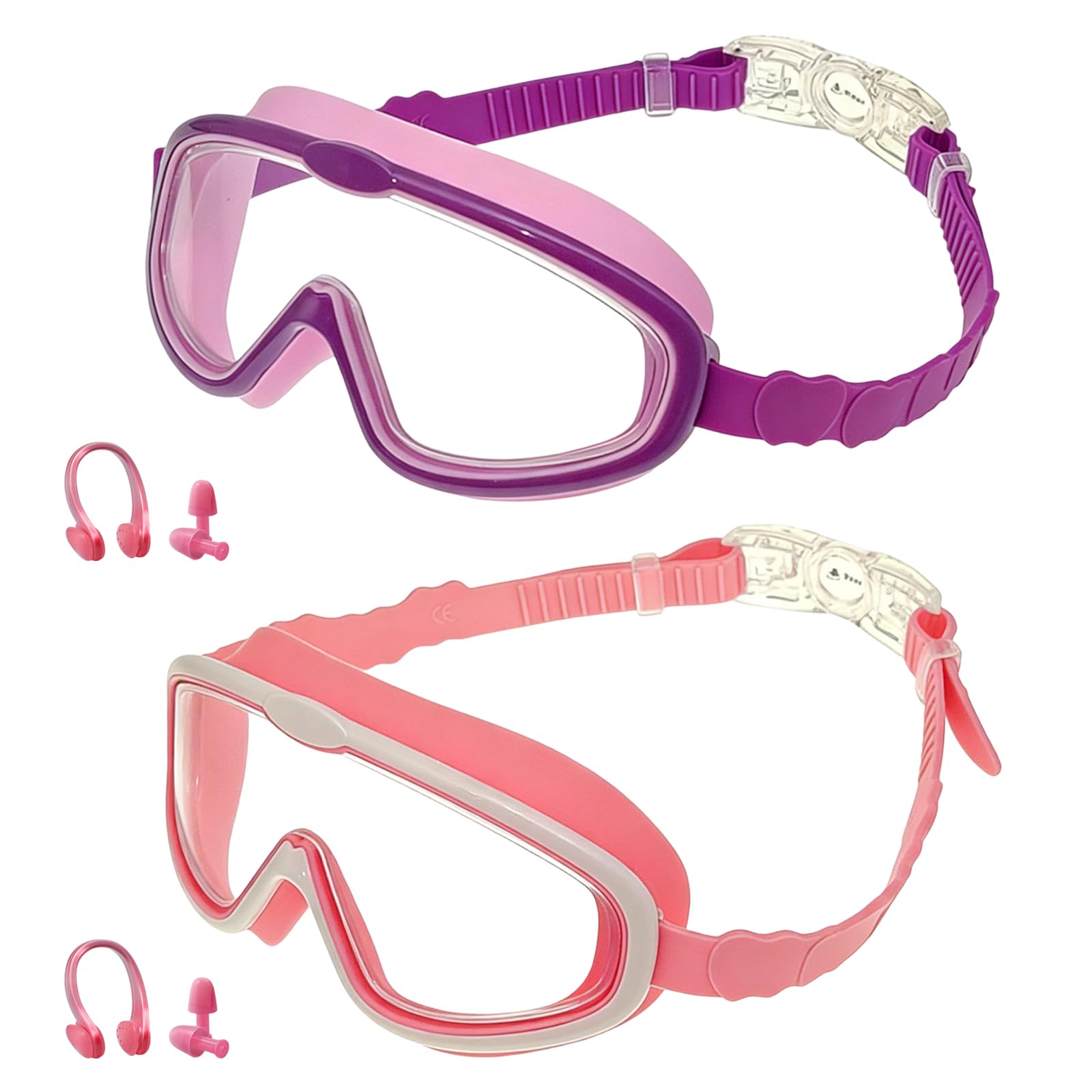DAVBNM 2 Pack Kids Swimming Goggles, Swim Goggles for Children and Early Teens from 3 to 15 Years Old, Nti-fog, Waterproof, Nose Clip Ear Plugs (Pink & Purple)